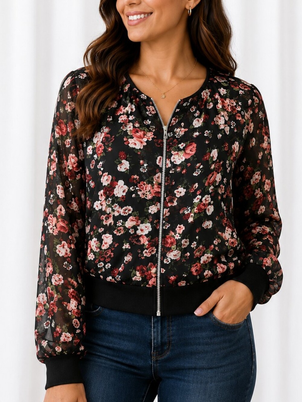 Finejo Floral Sheer Sleeve Zip Front Blouse Black Pink Womens Top